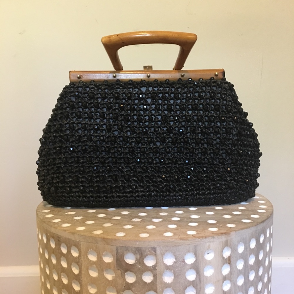 Vintage Gaymode Black Straw Bag w/ Wooden handle